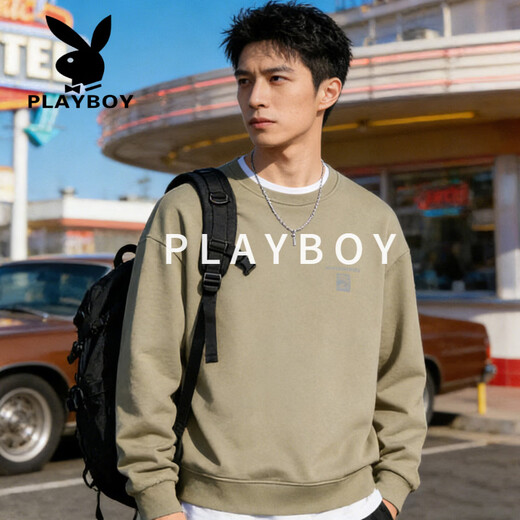 Playboy (PLAYBOY) round neck sweatshirt for men 2026 spring new American retro simple versatile loose couple tops bottoming shirt red 3XL recommended 190-220Jin Jin equals 0.5 kg