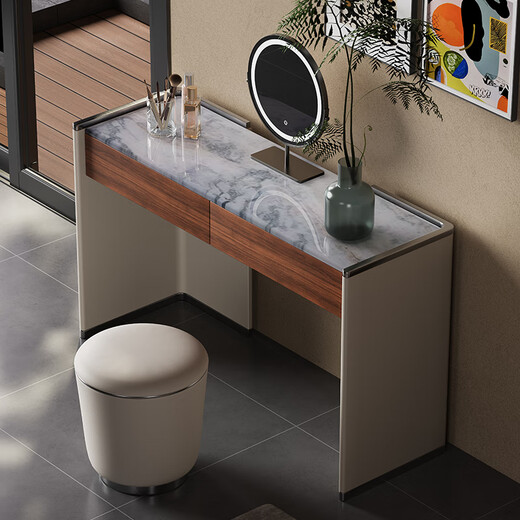 Jiajia Huan Italian style minimalist light luxury dressing table high-end customized leather veneer solid wood dressing table simple high-end designer dressing table + makeup stool + makeup mirror length 100x width 45x height 75cm