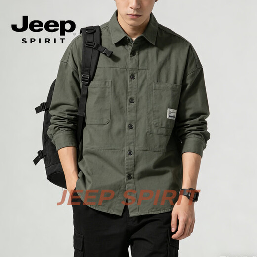JEEP SPIRIT work shirt style jacket men's 2026 spring loose casual long-sleeved shirt men's tops black M 90-110Jin Jin equals 0.5 kg