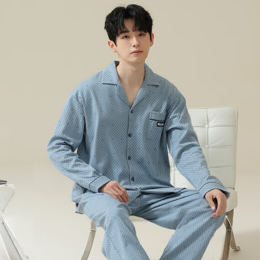 Modal pajamas men's 100% pure cotton long sleeve thin breathable summer cardigan can be worn on the outside with loose and comfortable home clothing set Starry Sky Blue 16873 100% cotton No pilling L 110-130Jin [Jin equals 0.5 kg]
