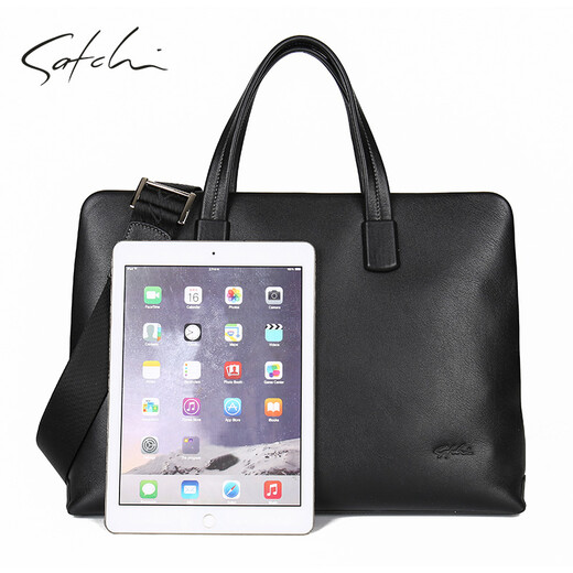 SATCHI men's bag business briefcase first layer cowhide handbag large capacity shoulder crossbody bag computer bag black 14 inches