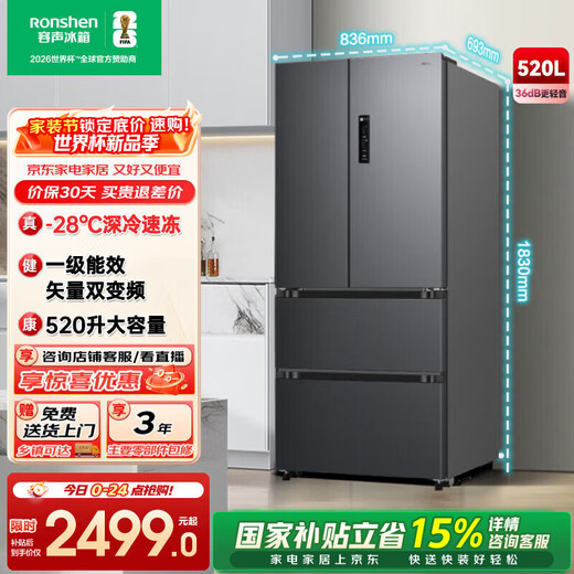 Rongsheng 520-liter large-capacity French-fold four-door refrigerator household ultra-thin first-class energy-saving air-cooled frost-free inverter refrigerator replacement subsidy BCD-520E30FNLAE gray