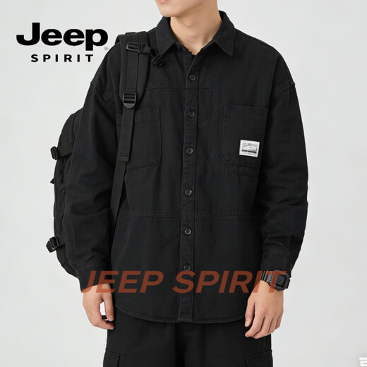 JEEP SPIRIT work shirt style jacket men's 2026 spring loose casual long-sleeved shirt men's tops black M 90-110Jin Jin equals 0.5 kg