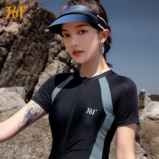 361 Badeanzug Frauen Sport einteiliger Flachwinkel Konservative kleine Brüste, die den Bauch bedecken, damit sie schlank und sexy groß aussehen, koreanische heiße Quelle Badeanzug 1050 schwarz grau XL Höhe 160-170/Gewicht 55-60 kg