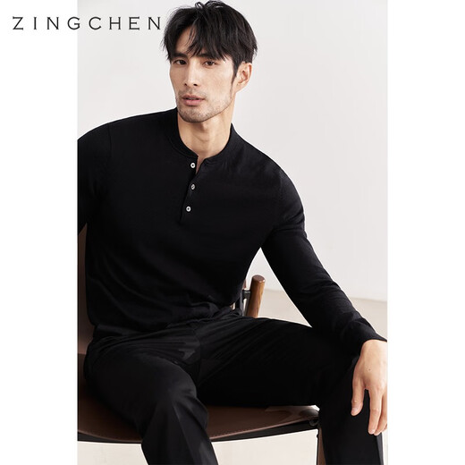 ZINGCHEN machine washable cotton cashmere ZINGCHEN Henry collar knitted sweater men's autumn and winter black bottoming sweater dark gray L