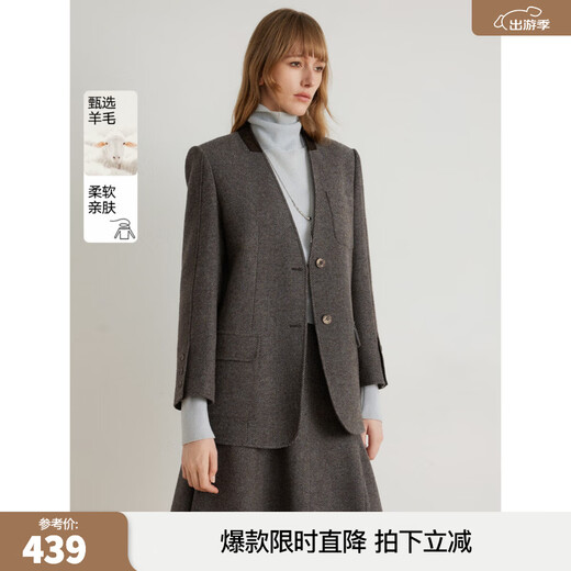 ELLE shopping mall same style 100% sheep wool dark brown suit jacket for women 2024 winter new niche top dark brown S