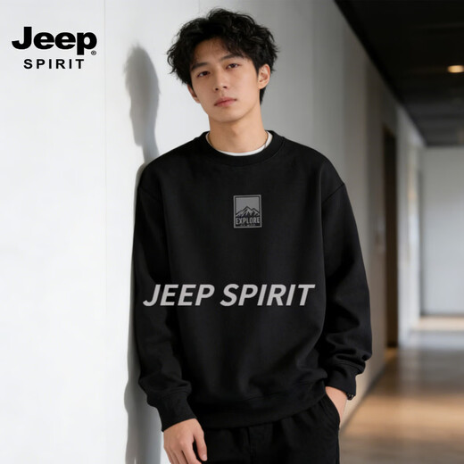 JEEP SPIRIT American heavyweight sweatshirt for men 2026 spring new daily casual loose round neck hooded top jacket for men black L 135-160Jin Jin equals 0.5 kg