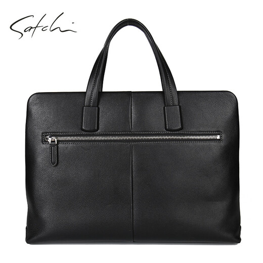 SATCHI men's bag business briefcase first layer cowhide handbag large capacity shoulder crossbody bag computer bag black 14 inches