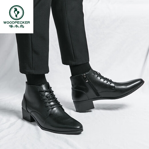啄木鸟真皮马丁靴男韩版英伦商务内增高中帮高跟尖头发型师皮鞋高帮皮靴 2232棕色 42 标准皮鞋码