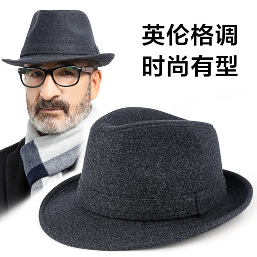 SOMUBAY老年人帽子男冬季毛呢平顶礼帽中老年爸爸绅士帽爷爷老头上海滩帽 黑色 58cm【正常头围】