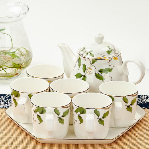 Jin Lan Jade Tangshan Bone China Water Set Home Simple Living Room Teapot Set Tea Set Flower Tea Cup Chinese Ceramic Water Set Champs-Elysées - Tray + Magnolia Pot + 6 Water Cups with Handles