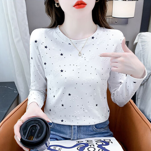 红蜻蜓纯棉时尚印花打底衫女长袖秋季新款修身百搭圆领T恤内搭上衣 DD1396#（白色）长袖 M 【建议91-105斤】
