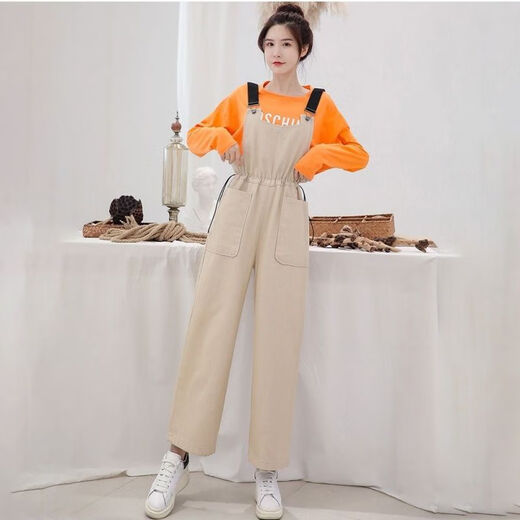 
Langwei Feray autumn pants overalls for female students Korean style loose high waist nine-point straight wide-leg work clothes casual pants winter 829 single piece black overalls L