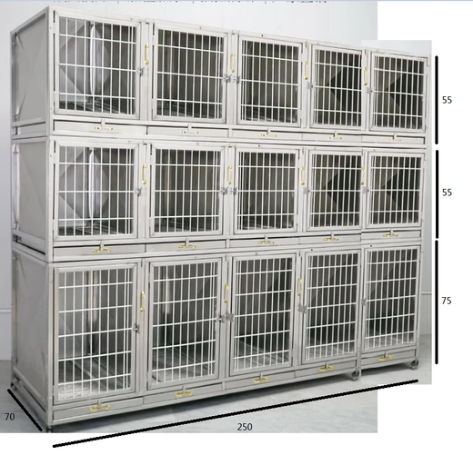 HKML double-layer stainless steel dog cage hospital cage small dog multi-layer mother cage display cabinet pet supermarket hospital foster care cage three layers 15 doors 250*70*185cm front face steel bar 304 new foster care cage (steel plate + steel rod)