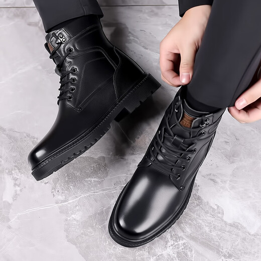 
KACHILANG Martin Boots Men's Genuine Leather Wool Warm Cotton Boots High Top Cowhide Working Equipment Battle Army Hook Snow Boots Winter 3518 Black 38