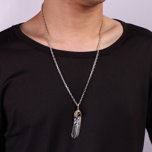 Fanqiu Jewelry 925 Silver Takahashi Goro Set Chain Turquoise Taijiang Feather Men's Silver Necklace Women's Men's Sweater Chain Red Zirconium Feather Plus the Price of the Versatile Rope in the Picture