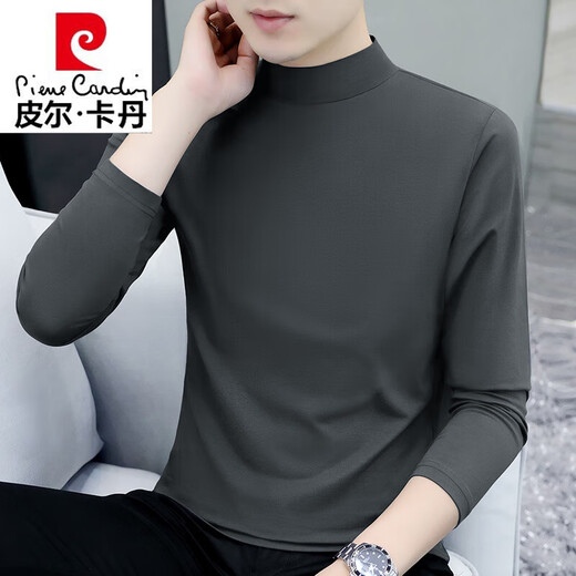 Pierre Cardin pure cotton spring and autumn half turtleneck bottoming shirt men's slim fit inner long-sleeved T-shirt mid-collar men's autumn coat outer wear YPT192 black half turtleneck 2XL recommended 145-160Jin Jin equals 0.5 kg