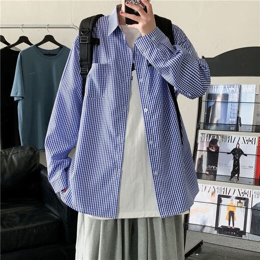 
MGJO flannel shirt men's plaid shirt men's long sleeves 12 spring and autumn high-end inner wear Korean style trendy slim fit and handsome no-iron casual business shirt 9923 small plaid black L 115Jin [Jin equals 0.5 kg] wear below