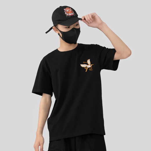 Denon supreme short-sleeved embroidered T-shirt for men and women fashion brand summer Chinese style Monkey King Pure Cotton Loose National Trend Couple T-shirt T733 Black XL code (recommended 136-155 Jin [Jin equals 0.5 kg])