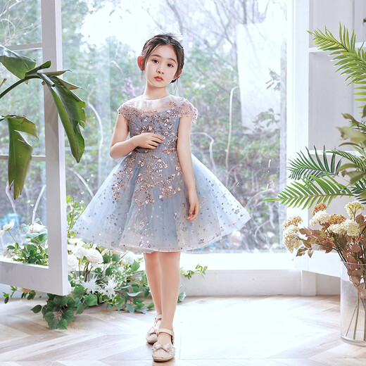 小咔衣浓女童礼服儿童生日公主裙蓬蓬纱花童婚纱高端女孩主持人钢琴演出服 1591蓝色前短后长 130