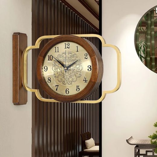 Moyang European double-sided wall clock simple double-sided wall clock American living room two-sided wall clock Nordic pastoral quartz wall clock 9196 walnut-double-view