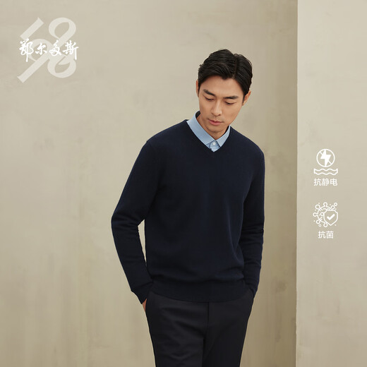 Ordos 1980 Antibacterial Antistatic Autumn and Winter V-neck Thickened Casual Men's Cashmere Sweater 1980 Blue XL 180/100A