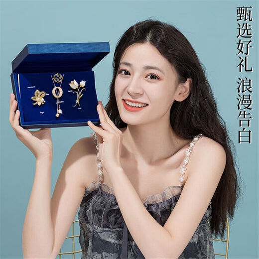Jingli Jingda Brooch High-end Women's Exquisite Niche Corsage Long Sweater Chain Birthday Gift for Women Exquisite, High-Grade and Practical Brooch Sweater Chain Three-piece Set Blue Gift Box