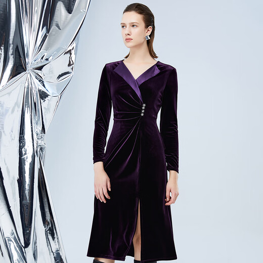 Aiteai Lapel Waist Asymmetric Slit Velvet Dress Autumn and Winter New Dinner Women's Clothing 7577213 Soft Purple 98 M 160