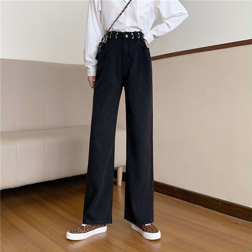
Xilino 2025 Spring and Autumn Korean version of high-waisted black jeans for women Chc straight-leg students versatile slimming wide-leg pants light blue basic style 9928 M