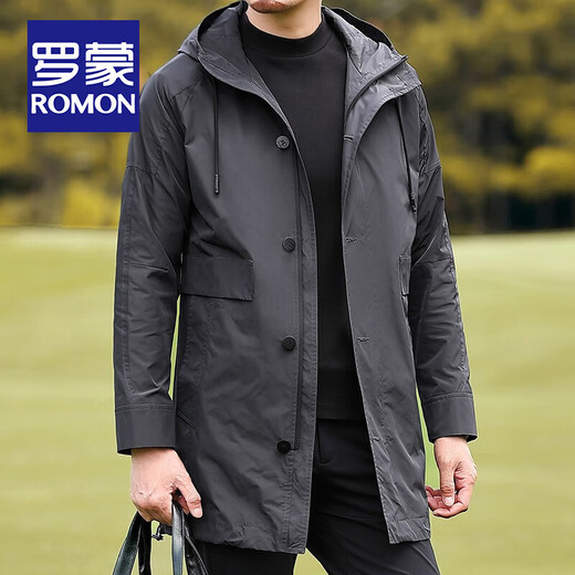 Romon Versatile Windbreaker Men's Mid-Length Autumn and Winter Business Casual Young and Middle-aged Warm Hooded Jacket Men's Dad's Down Style YR6629972 Gray M 170 Size