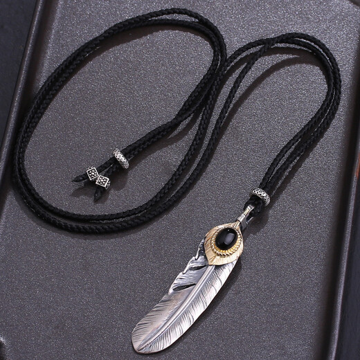 Fanqiu Jewelry 925 Silver Takahashi Goro Set Chain Turquoise Taijiang Feather Men's Silver Necklace Women's Men's Sweater Chain Red Zirconium Feather Plus the Price of the Versatile Rope in the Picture