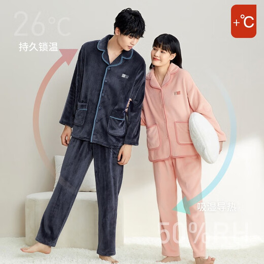 Qiulu Couple Pajamas Women's Winter Coral Velvet Thickened Flannel Warm Casual Men's Home Clothing Set Pink (Female 54) XXL