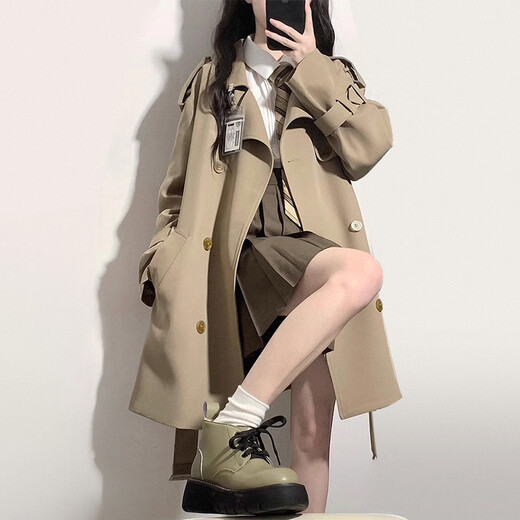 FOX.G Windbreaker Jacket Women's Mid-Length 2025 New Straight Autumn Women's Thin Style High-end Small Spring and Autumn Women's Clothing British Style Mid-Length Windbreaker Khaki S Recommended 130Jin Jin is equal to within 0.5kg