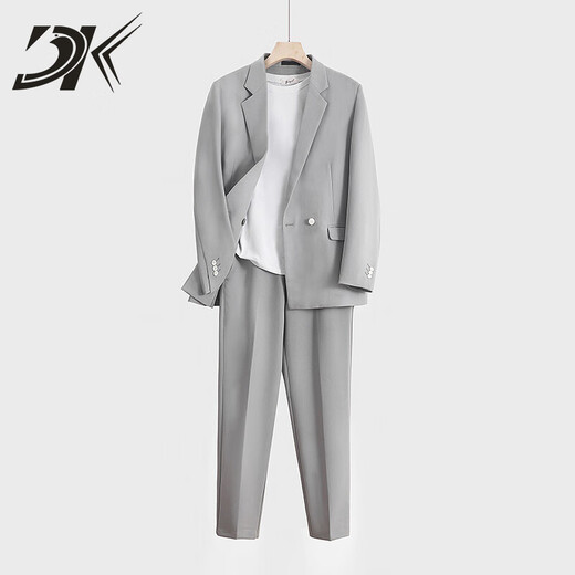 DK Light Luxury Men's Suit Suit Men's Jacket Loose Spring and Autumn Business Casual Formal Suit Suit Gray - Two-piece suit + trousers S Suitable for 100-115 Jin Jin equals within 0.5 kg