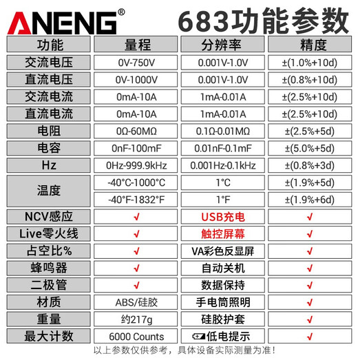 
ANENG charging model digital large screen multimeter high-precision fully automatic intelligent digital display multimeter electrician maintenance multimeter 683 [Luxury model/color touch screen] standard configuration