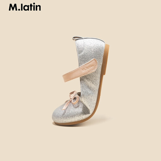 M.Latin/Same style in shopping malls, Maratin children's shoes, children's shoes, spring new style, girls' bow princess leather shoes, silver size 30
