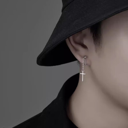 Cai Leiya S925 Silver Cross Earrings Men's Trendy Brand Punk Style Single Earrings Girls' Temperament Earrings to Support Ear Holes Earrings Cross Tassel Earrings Single 925 Silver