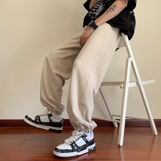 PTAT华夫格裤子男春秋款百搭休闲卫裤美式复古青少年抽绳大码运动长裤 K1049灰色 常规 M(建议90-110斤)