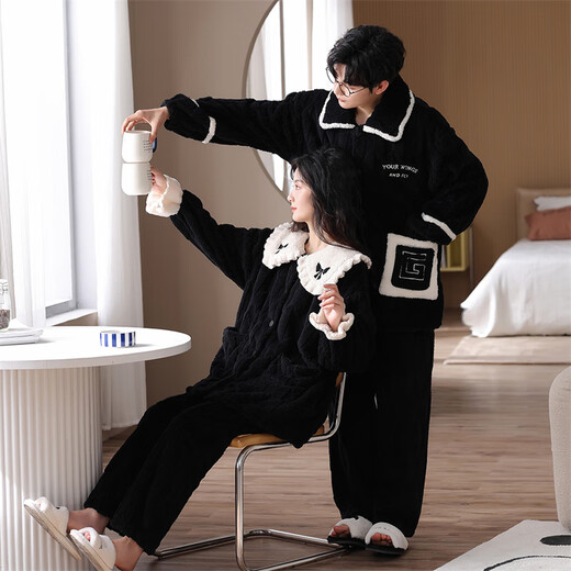Slim and beautiful couple pajamas for women in autumn and winter coral velvet thickened cardigan loose flannel pajamas pants men's home clothing set M9871 M women