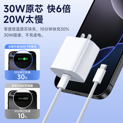 固质优品【直营正品】苹果15/16充电器头45W/30W适配原装快充套装氮化镓iPhone16ProMax/puls15数据充电线 【原盒封装】苹果30W快充头+1米编织快充线 安全认证不伤机
