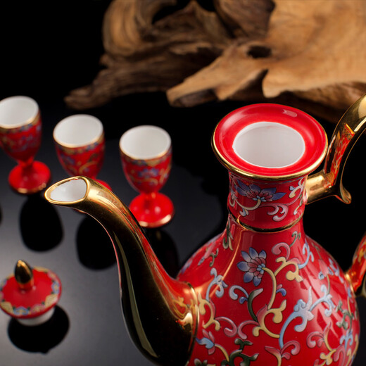 Xinguo Longxuan Jingdezhen Chinese red porcelain palace enamel color painted gold creative wine set flask set white wine cup gift box A