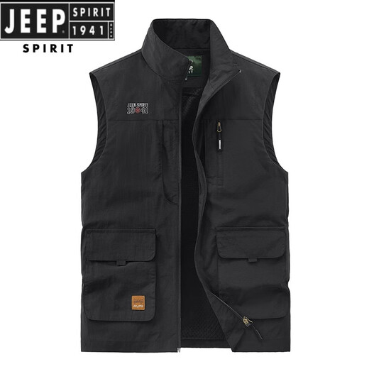 JEEP SPIRIT吉普男士马甲春秋季新款户外工装马夹休闲大码运动中年背心外套 677黑色 3XL (156-170)