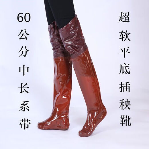农田插秧鞋男女中高筒雨鞋水田鞋袜软底松紧系带过膝下水鞋捕鱼靴 60公分过膝咖啡[超薄] 38