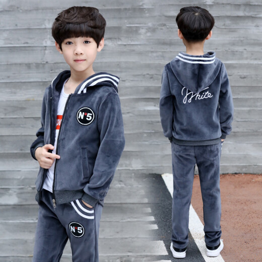 A25 Boys' Suit Spring and Autumn Children's Sports 2-piece Set Medium and Large Children's Casual Korean Style New Gold Velvet Jacket Pants Sports Set Long Sleeve Trendy Brand Gray 2-piece Set 140 Suitable for Height 130CM