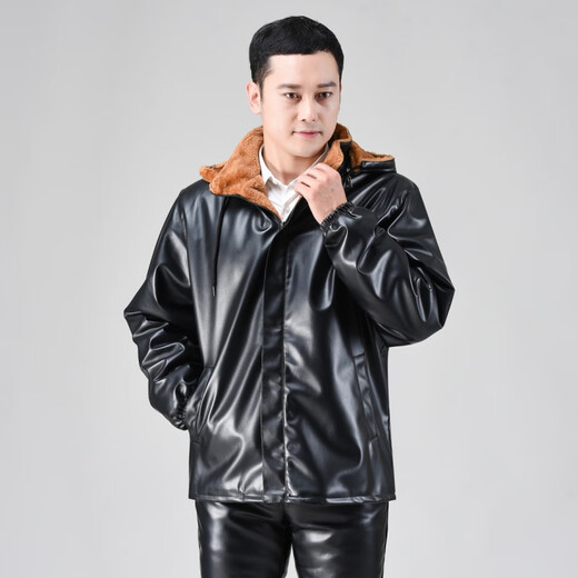 月袖（YUEXIU）加绒加厚皮衣皮裤套装男式摩托防风宽松加大码冬天皮棉衣代驾外套 连帽款加绒加厚皮衣套装 5XL (建议180-200斤)