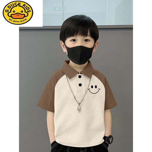 G.DUCKKIDS纯棉POLO衫短袖T恤儿童夏季新款中大童宽松拼接帅气翻领男孩上衣 674笑脸-绿杏-POLO衫纯棉品 120