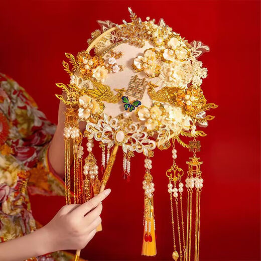 祥盈升团扇结婚秀禾新娘结婚成品团扇结婚新婚礼物送新人新娘闺蜜手捧花 成品双面团扇-高定礼盒木扇架