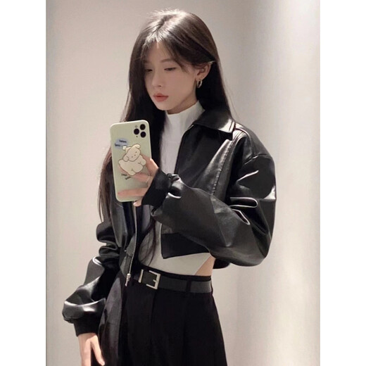 GUOCILRN美式复古黑色PU皮夹克女小个子短款设计感小众皮衣外套潮酷春秋款 黑色 S
