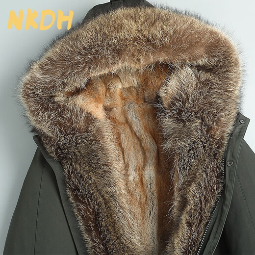 NKDH brand parka men's winter hooded raccoon fur integrated fur coat mink liner workwear warm fur coat green + American raccoon liner rex rabbit fur sleeves 2XL 180