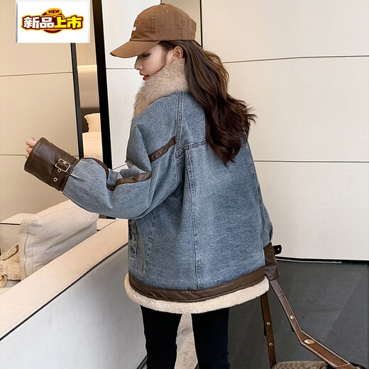 
Lamb-wool denim jacket for women in winter Korean style casual loose plush thickened wool collar cotton jacket parka warm blue wool collar/detachable L